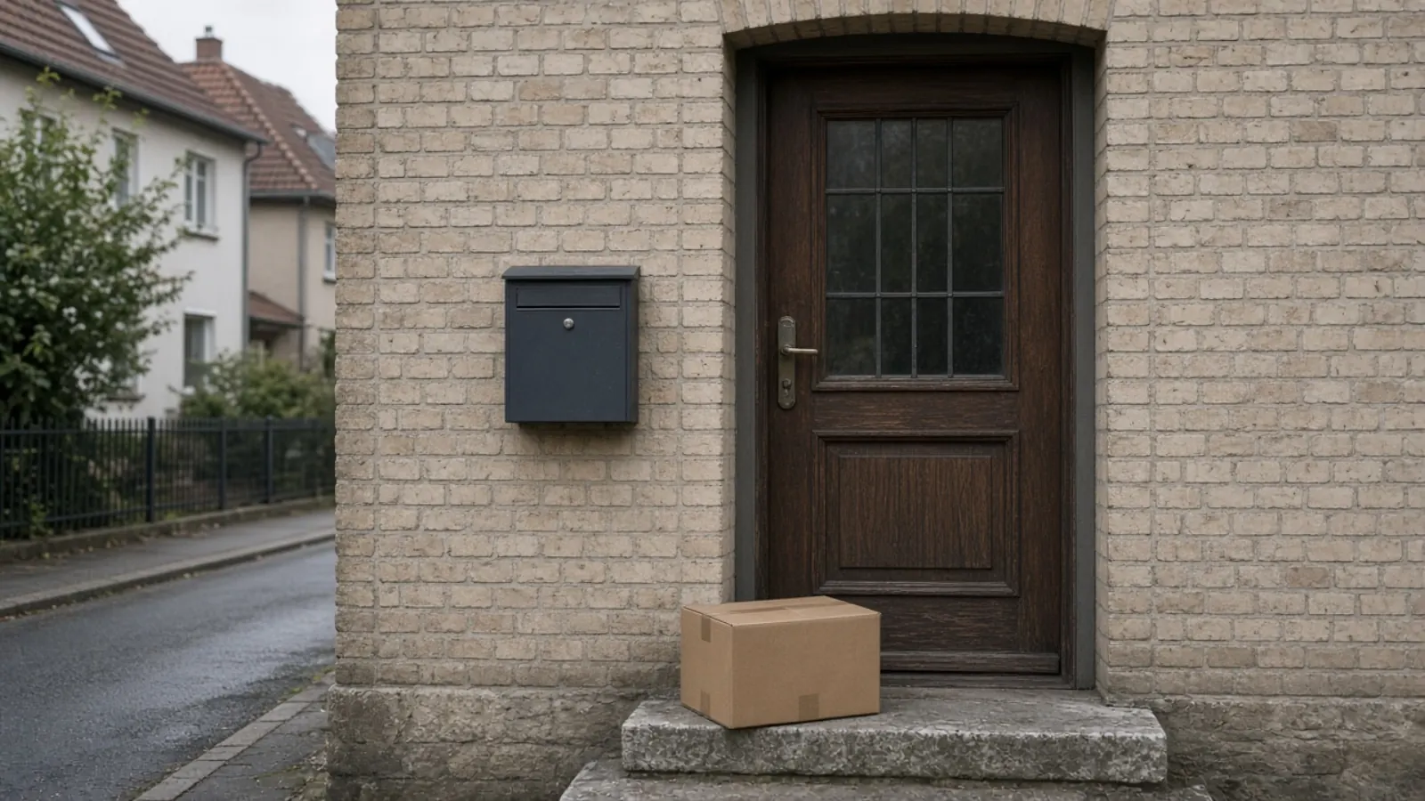 Karton auf der Stufe vor einer Haustür, daneben ein Briefkasten an der Hauswand