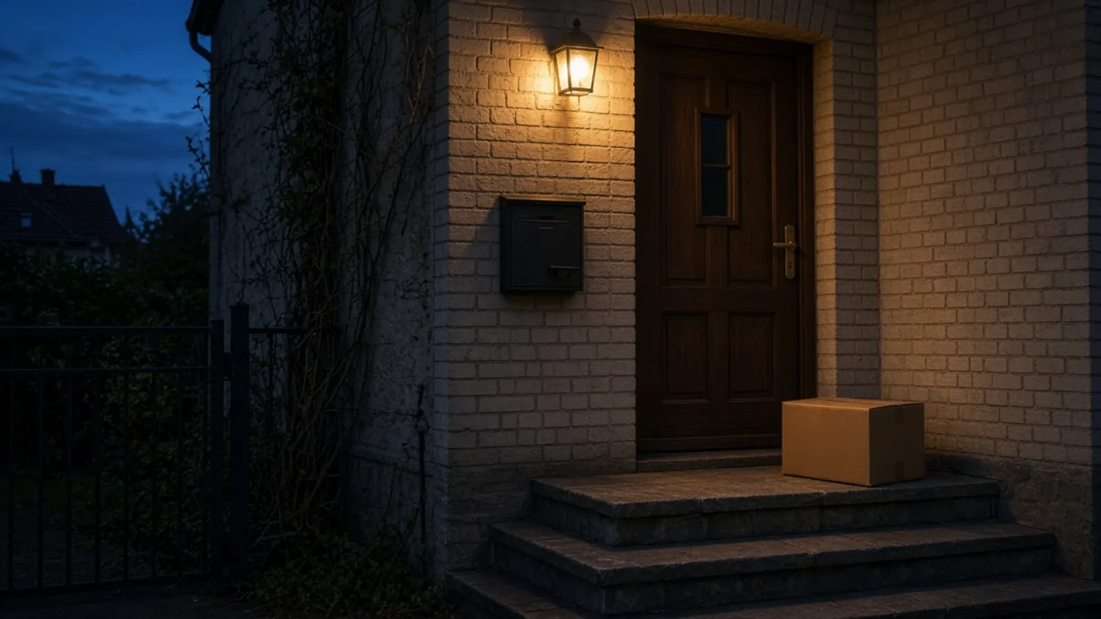 Hauseingang am Abend, eine Lampe beleuchtet die Stufe und ein Paket vor der Tür