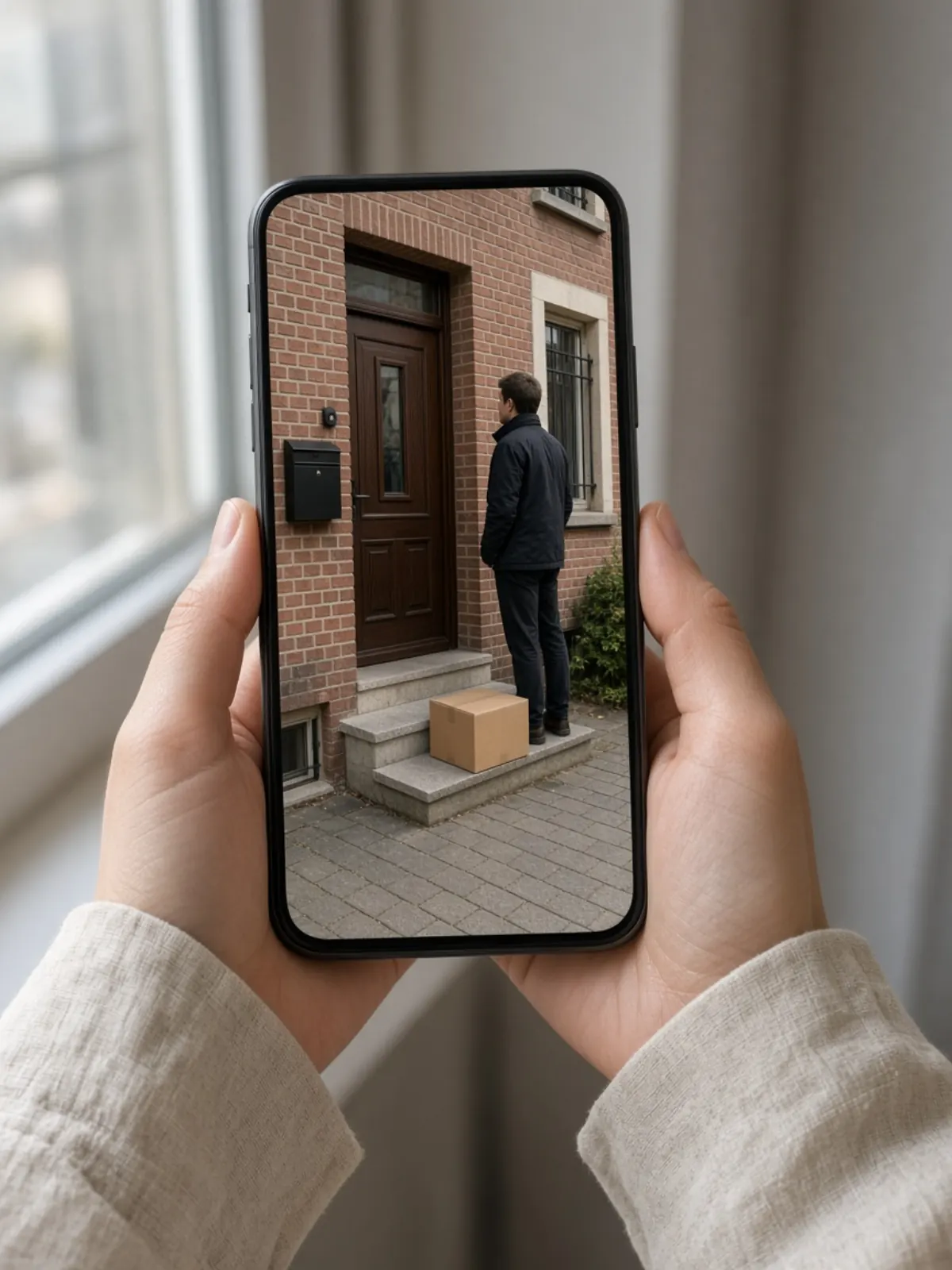 Hände halten ein Smartphone, auf dem ein Mann neben einem Paket vor einer Haustür zu sehen ist